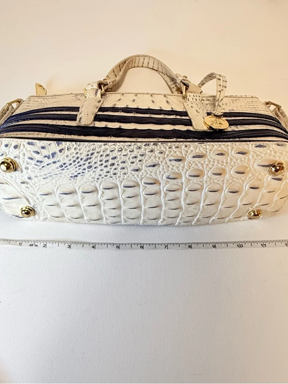 Brahmin Mini Asher Corsica Vineyard Navy Striped Croc Leather Satchel